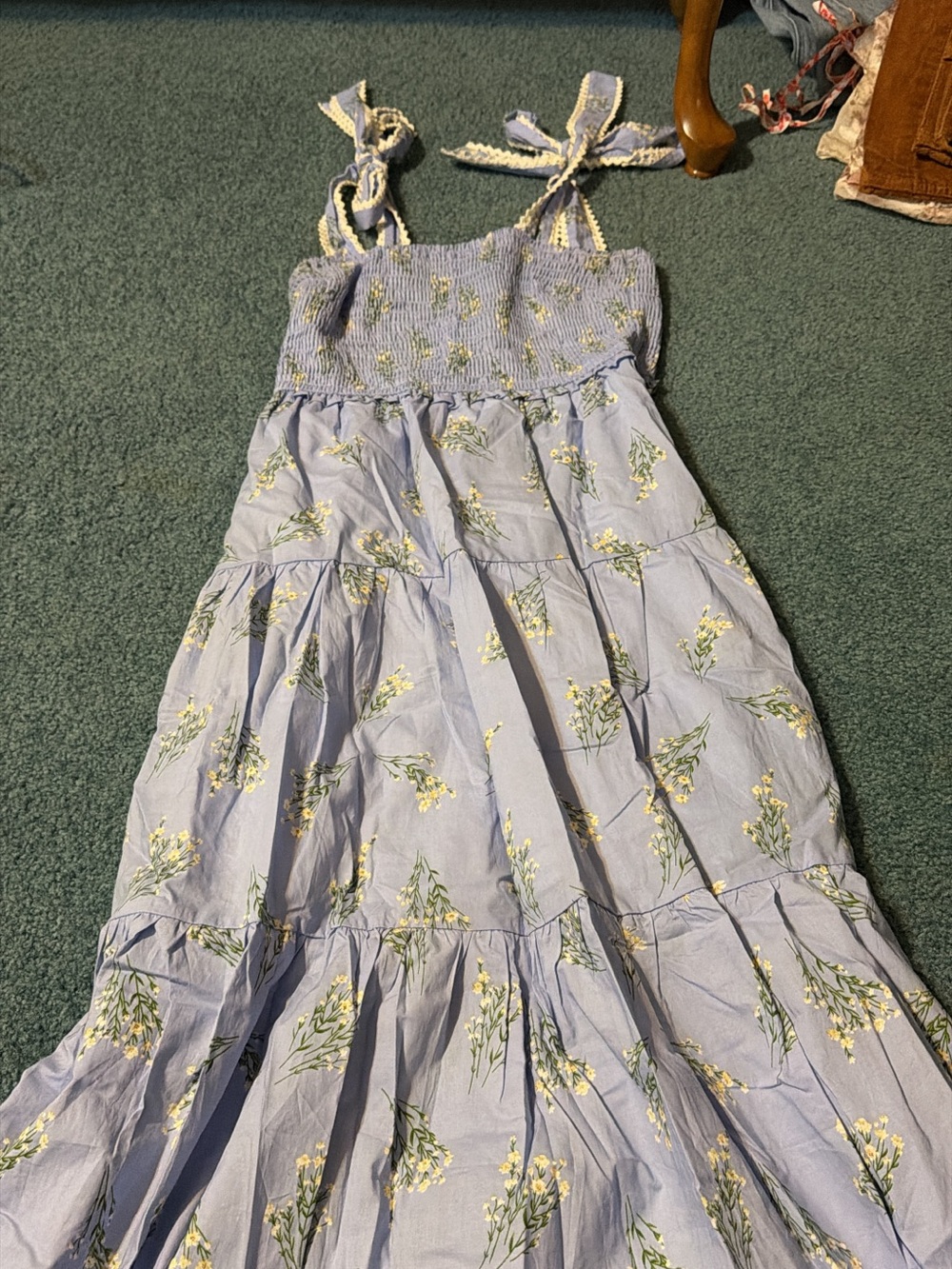 Smocked light blue Floral Tie-Strap  Dress